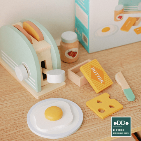 Игровой деревянный набор с тостером и аксессуарами для детской кухни «Готовим бутерброд с омлетом»  фото 2